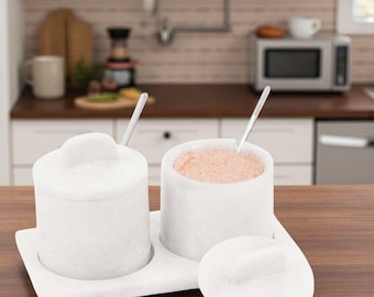 White Marble Salt Cellar with Lid, Spoon & Tray 4" Salt Storage Containers for Salt Set of 2 Pepper Spices Elegant Kitchen Counter Décor Set