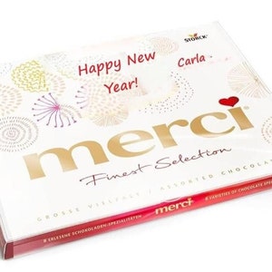 Merci Schokolade Geschenkbox & Grußkarte | Personalisierte 8 Sprachen Neujahr Schokolade Geschenk mit Name | Einzigartiges Weihnachtsgeschenk