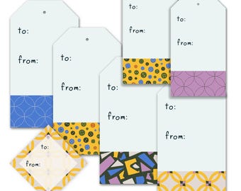 Etiquetas de regalo imprimibles para costura: Diseños de telas para patchwork (PDF)
