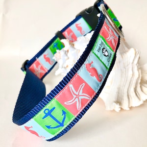Sandbar Dog Collar with Rust Proof Stainless Steel D-Ring, saltwater friendly,1.5" Wide, anchor, seahorse, starfish, Medium, Large, X Large