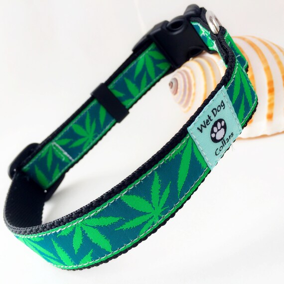 Green Weed Dog Collar With Rust Proof Stainless Steel D ring