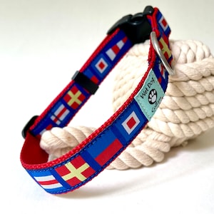 May include: Red and blue dog collar with a nautical flag pattern and a black buckle. The collar has a silver D-ring and a white label that says "Wet Dog Collars".