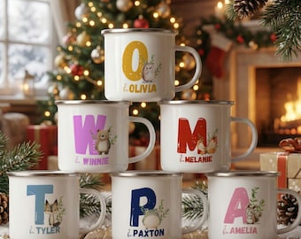 Personalized Kids Enamel mug, Custom Alphabet Name Unbreakable Cup, Woodland Animal Letter Mug, Camping Mug for Children, Cute Nursery Gift