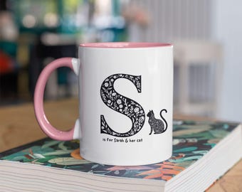 Personalized Floral Cat Monogram Accent Mug, Custom Name Mug for Cat Lovers, Cute Gift for Cat Mom