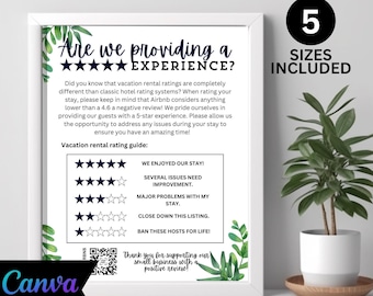 Airbnb Gastgeber Vorlagen | 5 Sterne | Vrbo Bewertung Zeichen | Airbnb-Rezension | Wohnung | Airbnb Schilder für Superwirte | Bearbeitbare Greenery Bewertung