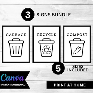 Airbnb Host Bundle | Garbage Sign | Recycle Sign | Rentals ~ 5 Sizes Inc | Airbnb Trash Sign | Compost Sign | Print at Home | Black & White
