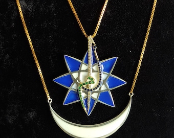 Anadolu Islamic Star Pendant with Crescent, Elif Lam Mim Letters, Blue Enamel & Gold – Seljuk Inspired Statement Necklace