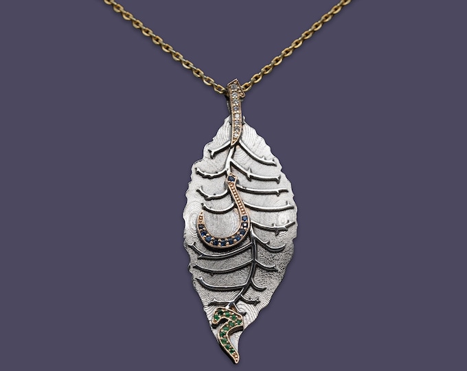Featured listing image: Spiritual Protection Leaf Necklace with Elif-Lam-Mim Arabic Letters, Handmade Limited Edition Necklace