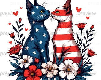 Patriotic USA Flag Cats Floral Bundle PNG Art Printable Digital Download Clear and White Background, High-Resolution, 300 DPI