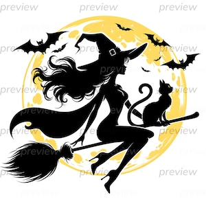 Witch Moon Cat Silhouette Whimsical Moon Girl Digital Art, Transparent Background - Printable Instant Download for Projects