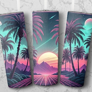 May include: Three stainless steel tumblers with a vibrant, retro-style design. The artwork features a sunset scene with palm trees, mountains, and a grid-like road, all in shades of pink, purple, and teal. The tumblers are approximately 20 cm tall.