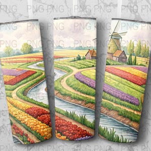 May include: Three stainless steel tumblers with a watercolor painting of a Dutch tulip field. The design features colorful rows of tulips, a winding river, a windmill, and a farmhouse. The overall color palette includes red, yellow, purple, and green.