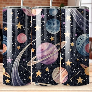 Space Seamless Tumbler Wrap PNG 20 oz, Watercolor Planets Design, Outer Space Tumbler Design, Starry Sky Tumbler Wrap, Straight Tapered