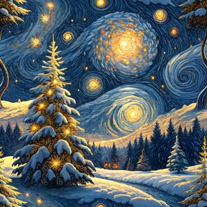 Puede incluir: Una pintura de paisaje invernal con un árbol de Navidad cubierto de nieve con luces doradas, sobre un cielo nocturno arremolinado con estrellas. La escena incluye un camino nevado y árboles de hoja perenne, evocando un tema festivo y artístico.