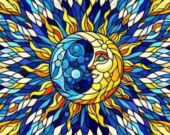 May include: A stained glass illustration of the sun and moon. The sun is yellow and orange with a human face. The moon is blue and white with a crescent shape. The background is a dark blue with white stars.