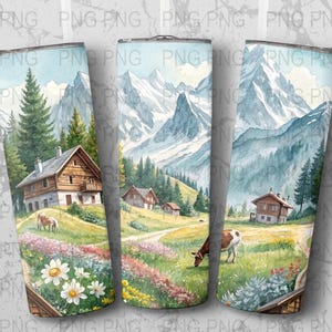 Puede incluir: Tres vasos de acero inoxidable con una pintura de acuarela de un paisaje de montaña. El diseño presenta un chalet de madera, vacas pastando en un prado y montañas cubiertas de nieve. La escena está ambientada en un valle con flores silvestres coloridas.