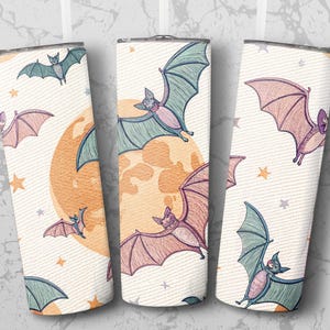 Bats and Moon Embroidery Look PNG Tumbler Wrap, Halloween Bats Tumbler Design, Spooky Bats Digital Download, Tumbler Sublimation Designs