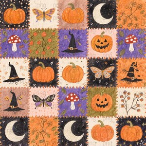 Op de afbeelding: Een patchwork-ontwerp met Halloween-illustraties. Het patroon bevat oranje pompoenen, heksenhoeden, vlinders, paddenstoelen en halve manen. De vierkanten zijn in tinten oranje, paars en zwart.
