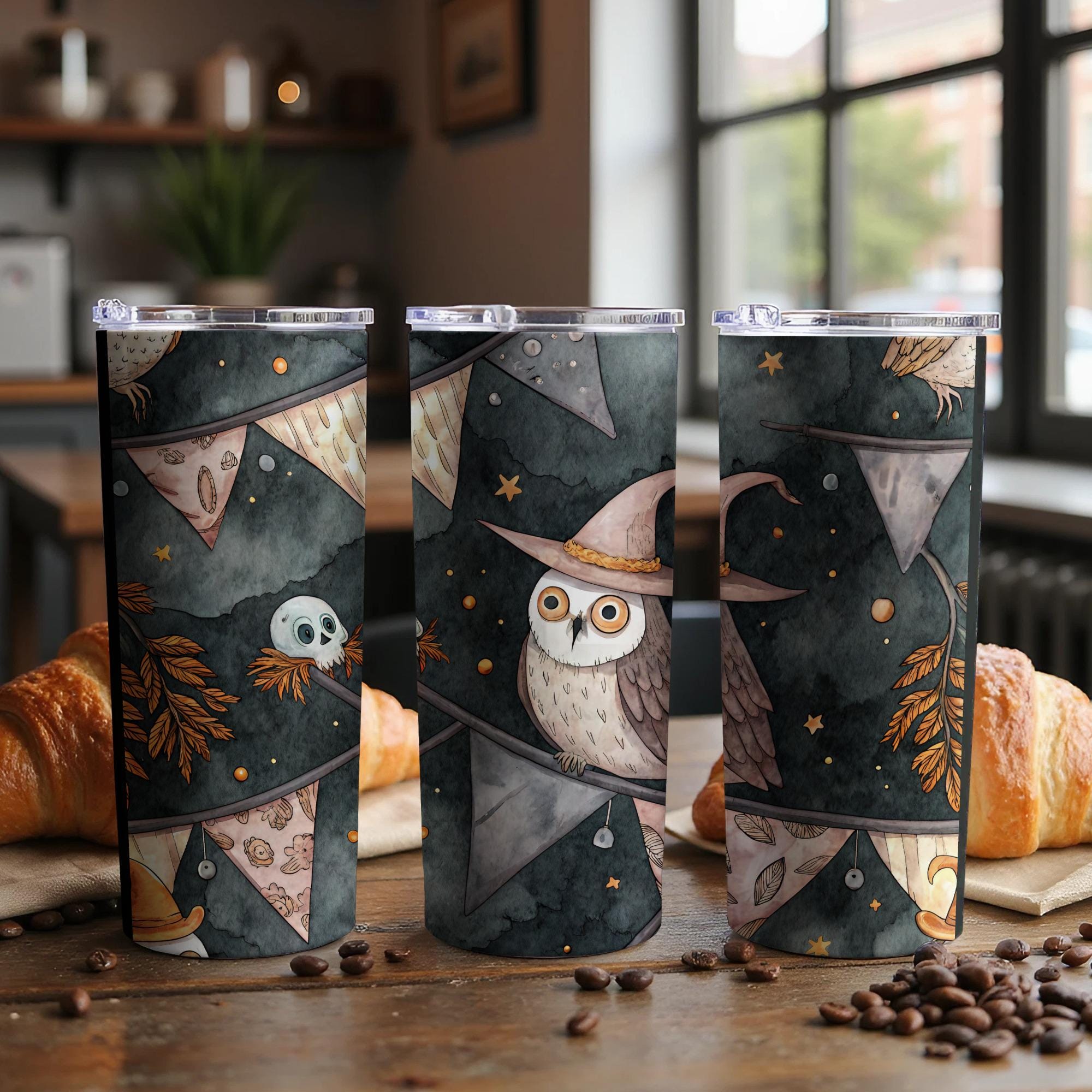Whimsy Goth Owl Tumbler Wrap PNG, Seamless 20 oz, Straight Tapered Halloween, Whimsical Owl, Gothic 