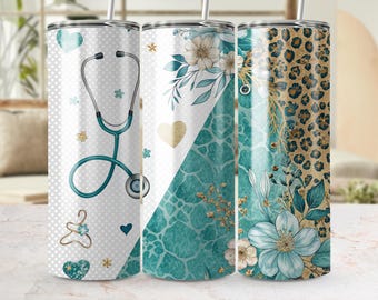Envoltorios para vasos sin costuras, 20 oz, diseño floral para uso médico, diseño de sublimación, estetoscopio de enfermería, cónico recto, diseño sin costuras adicional