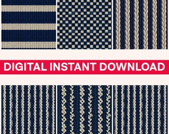 Navy and Cream Knit Texture PNG Bundle, 6 Seamless Digital Papers, Cozy Knitting Pattern Backgrounds for Fabric and Craft Design