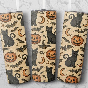 May include: Three Halloween-themed tumblers with a repeating pattern of black cats, jack-o'-lanterns, bats, and crescent moons on a tan background. The design is a vintage-style illustration, perfect for seasonal beverages.