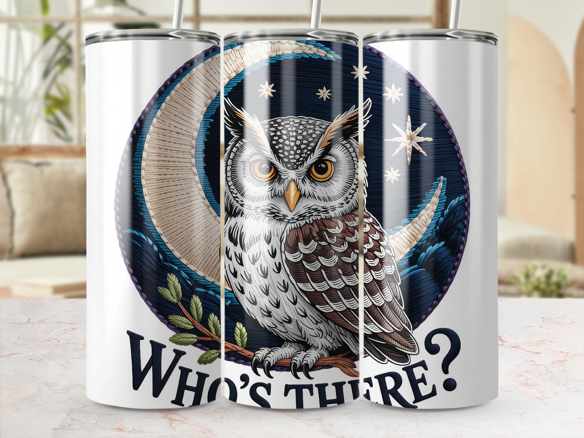 Owl Embroidery Look PNG Tumbler Wrap, Moon and Stars Design, Who's There Tumbler, Cute Animal PN