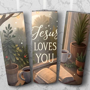 May include: Three insulated tumblers with a serene, illustrated design. One features a potted tree, another has the text "Jesus LOVES YOU", and the third shows a potted plant. Each tumbler includes a coffee mug.