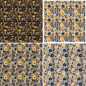 Puede incluir: Cuatro patrones sin costuras con un diseño floral con flores amarillas y azules sobre un fondo oscuro. Los patrones son perfectos para telas, papel tapiz u otros proyectos de diseño.