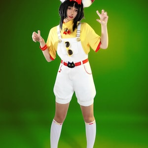 Yellow Short Sleeve Top with White Overalls Cosplay Costume – Handmade Anime-Inspired Outfit for Women, Kawaii Roleplay & Halloween Clothing