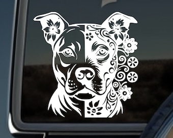 Pitbull Vinyl Decal - Floral Dog Car Decal Dog Lovers Pitbull Stickers Bumper Sticker Window Decal Laptop Decals and Stickers Dog Mom Gifts