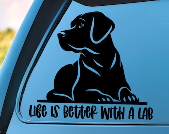 Calcomanía de Labrador - Calcomanía de vinilo con la imagen de un perro Labrador para el auto. Calcomanía "La vida es mejor con un Labrador" para vaso, computadora portátil o ventana. Bonita calcomanía.