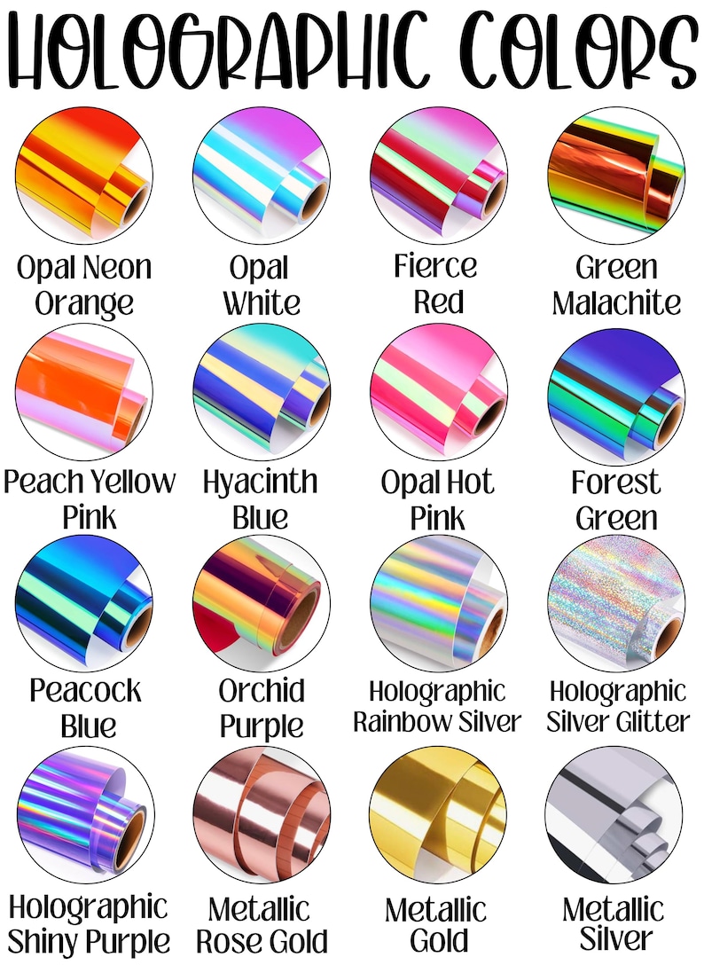 K&ouml;nnte beinhalten: Das Bild zeigt Rollen von holografischem Vinyl in verschiedenen Farben, darunter Opal Neon Orange, Opal White und Fierce Red. Weitere Farben sind Peach Yellow Pink und Hyacinth Blue. Der Text "HOLOGRAPHIC COLORS" befindet sich oben.