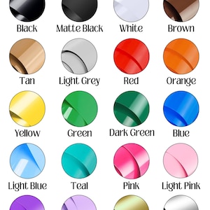 以下が含まれることがあります： ソリッドビニールカラーを表示するカラーチャート。チャートには、黒、マットブラック、白、茶色、タン、ライトグレー、赤、オレンジ、黄色、緑、濃い緑、青、水色、ティール、ピンク、ライトピンク、紫、ラベンダー、金、銀が含まれています。