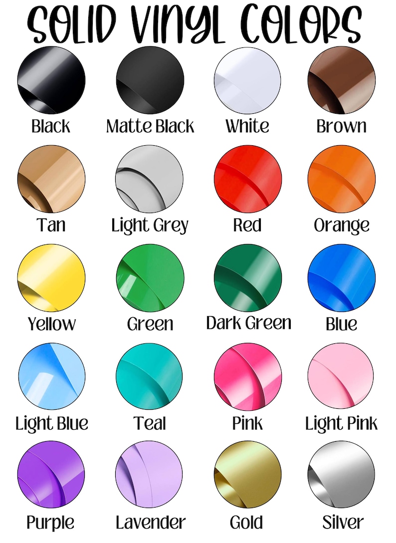 以下が含まれることがあります： ソリッドビニールカラーを表示するカラーチャート。チャートには、黒、マットブラック、白、茶色、タン、ライトグレー、赤、オレンジ、黄色、緑、濃い緑、青、水色、ティール、ピンク、ライトピンク、紫、ラベンダー、金、銀が含まれています。