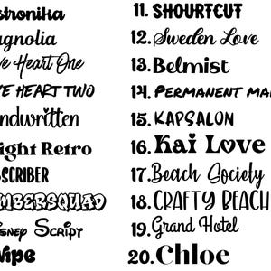 K&ouml;nnte beinhalten: Schwarz-wei&szlig;-Bild mit zwanzig verschiedenen Schriftarten. Jede Schriftart wird mit einem Beispielwort wie "Astronika", "Magnolia" und "Swipe" dargestellt. Die Schriftarten variieren im Stil, von Schreibschrift bis zu fetter serifenloser Schrift.