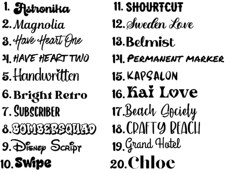 K&ouml;nnte beinhalten: Schwarz-wei&szlig;-Bild mit zwanzig verschiedenen Schriftarten. Jede Schriftart wird mit einem Beispielwort wie "Astronika", "Magnolia" und "Swipe" dargestellt. Die Schriftarten variieren im Stil, von Schreibschrift bis zu fetter serifenloser Schrift.