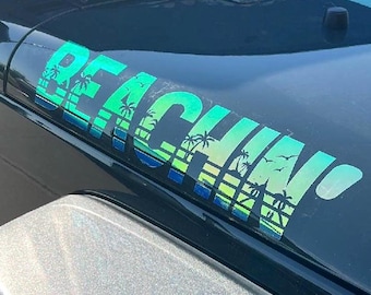 Two Piece Beach Themed Holographic Hood Decal - Custom Text Hood Decal For Truck Vinyl Decal Custom Sticker Decals for Car Windshield Banner