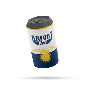 May include: A blue and yellow can with the words "Knight ATV" printed on it. The can has a black top and a yellow crown with two horses on either side.