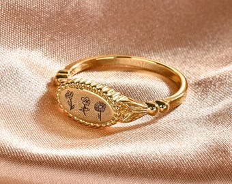 Engraved Birth Flower Ring,  Personalized Minimalist Floral Jewelry, Family Rings for Mom, Mother's Day Gift