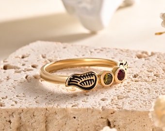 Anillo de oro con alas de ángel y piedra de nacimiento, anillo conmemorativo personalizado, anillo de ángel de la guarda, regalo de condolencia conmemorativo para ella