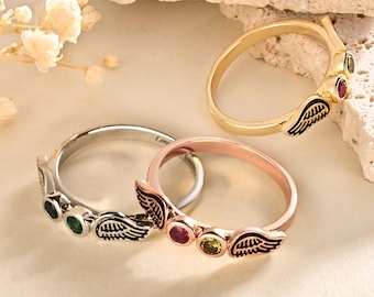Angel Wings Ring with Birthstone, Custom Memorial Remembrance Ring, Guardian Angel Ring, Pregnancy Loss Ring for Her