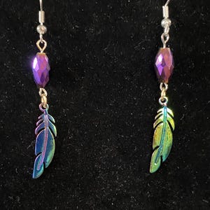 Handmade Earrings with Purple Irridescent Bead and Multicolored Leaf