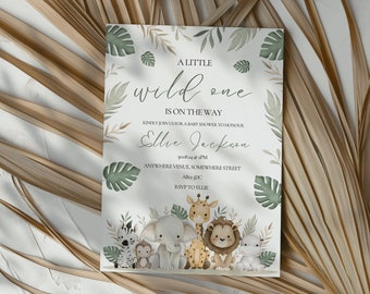 May include: A baby shower invitation with a jungle theme. The invitation features a watercolor illustration of a giraffe, elephant, lion, zebra, and monkey. The text on the invitation reads "A little wild one is on the way. Kindly join us for a baby shower to honour Ellie Jackson. 300824 @ 2PM. Anywhere Venue, Somewhere Street. Alla, JDC. RSVP to Ellie."