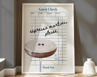 Guest Check Print Wall Art, Stampa Espresso Martini, Guest Check Poster, Stampe di caffè alcolico, Poster Martini, Poster di cocktail, Carrello bar