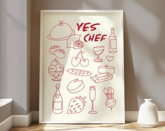 Yes Chef Print, Wine Poster, Wine Illustration, Champagne Poster, Alcohol Prints, Pasta Print, Retro Wall Art, Cocktail Poster, Maximalist