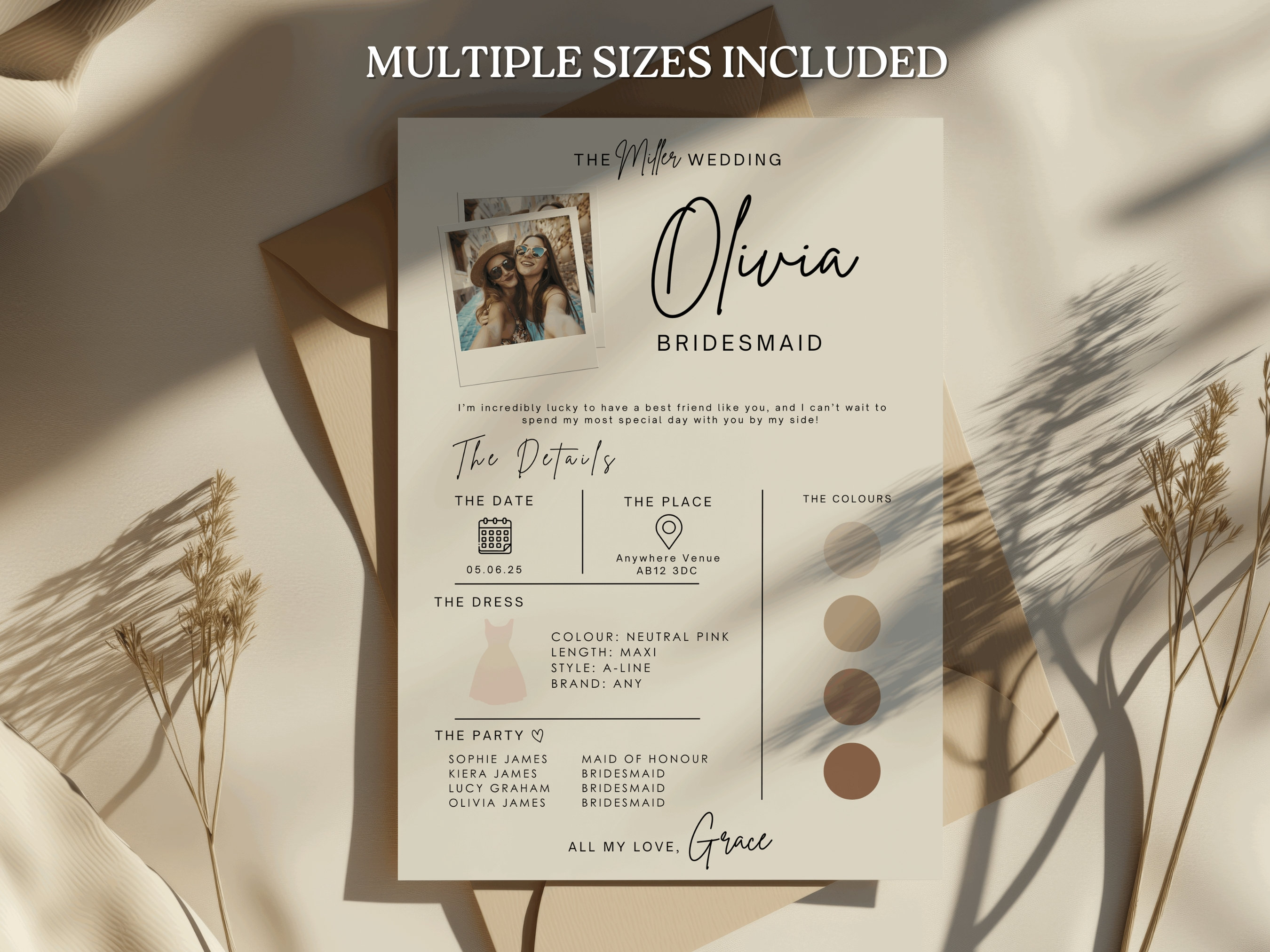 Bridesmaid Info Card, Bridal Wedding Infographic, Wedding Details Card,  Bridesmaid Proposal, Bridal Information Card, Bridesmaid Detail Card, image size:2700x2025