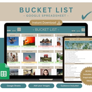 May include: A digital bucket list template displayed on a laptop and tablet. The laptop shows a spreadsheet with travel and personal goals. The tablet displays inspirational ideas. The image includes the text "BUCKET LIST - GOOGLE SPREADSHEET" and "Instant Download".