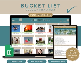 Op de afbeelding: Een digitale bucketlist-sjabloon weergegeven op een laptop en tablet. De laptop toont een spreadsheet met doelen. De tablet toont inspirerende ideeën. De afbeelding bevat de tekst "BUCKET LIST - GOOGLE SPREADSHEET" en "Instant Download".