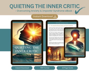 Puede incluir: Una portada de ebook digital con fondo azul y blanco. La portada presenta una puesta de sol con una silueta de cabeza de persona. El título del ebook es "Quieting the Inner Critic: A Guide to Overcoming Anxiety and Imposter Syndrome". El ebook está disponible para descarga instantánea en formato PDF y tiene 23 páginas.